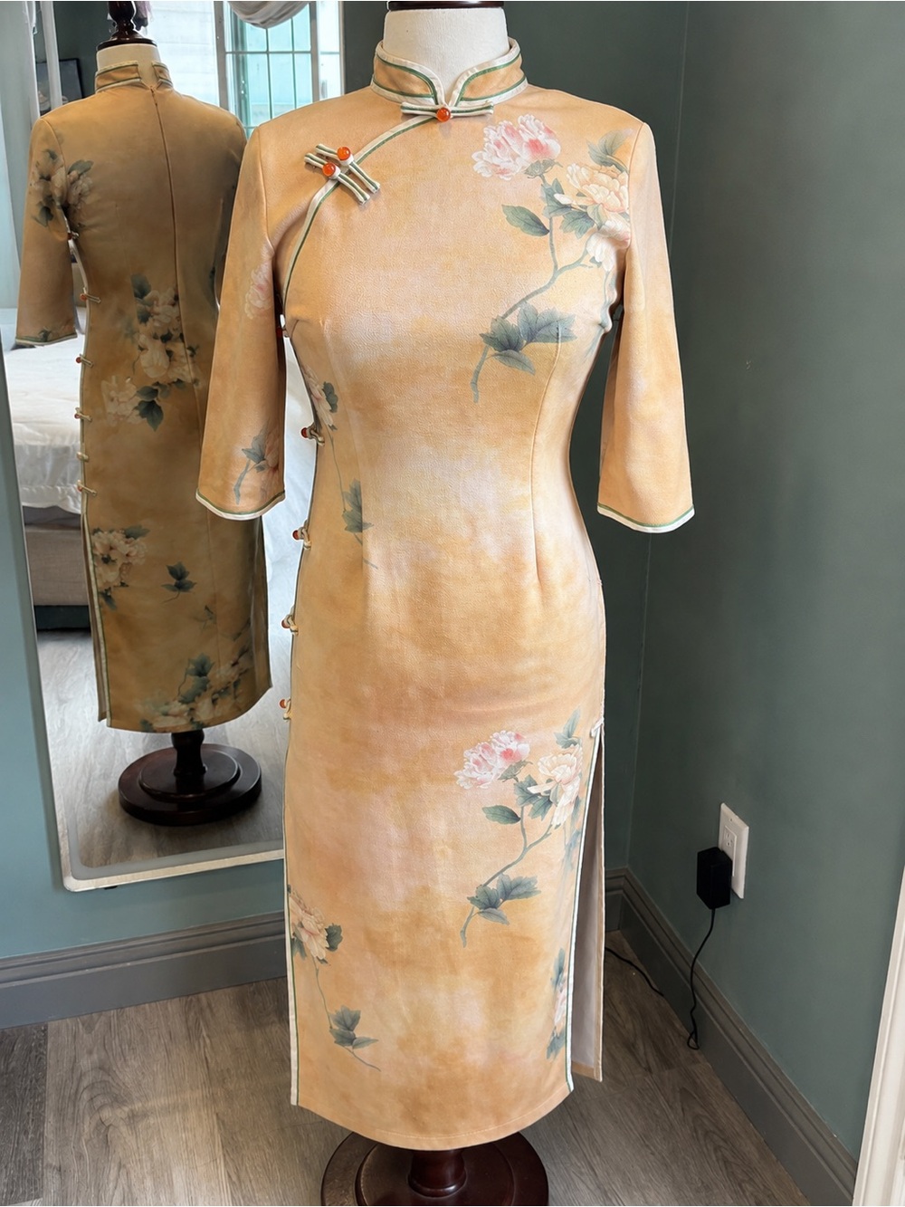 Vintage Floral Cheongsam Qipao Maxi Dress XS-S